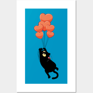 Black cat fly on hearts Posters and Art